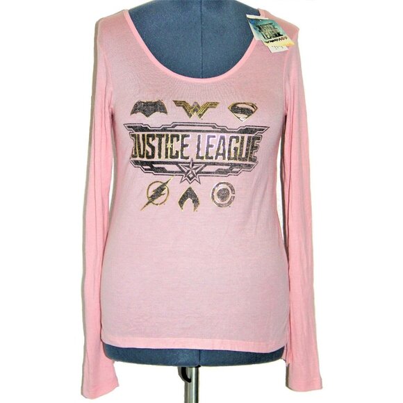 Women's Justic Leage Graphic Top Pink Gold Black Justice League LS Medium - Picture 3 of 6